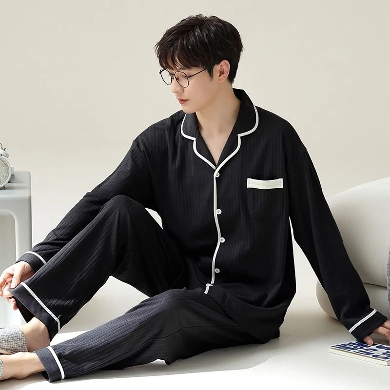 2023 New Men Pajamas Spring Autumn Loungewear Cotton Long Sleeve Boys Cotton Homewear Suit V-neck Loose Casual Nightwear
