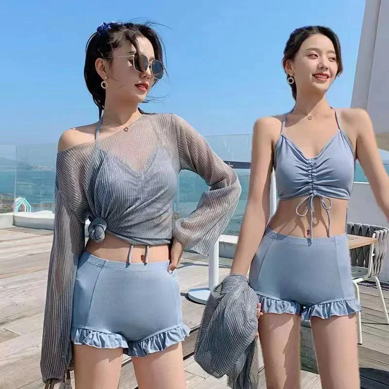 Korean Nude Bikini Swimwear Ladies 3pcs Swimsuit Sexy Cover Belly Split Bikini Three Piece Long Sleeve 2024 New Fairy Model