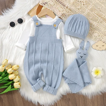 3pcs/Set Infant Girls Jumpsuits Fashion Candy Color Knitting Newborn Boys Sleeveless Rompers Hats Security Towel Outfits Suits