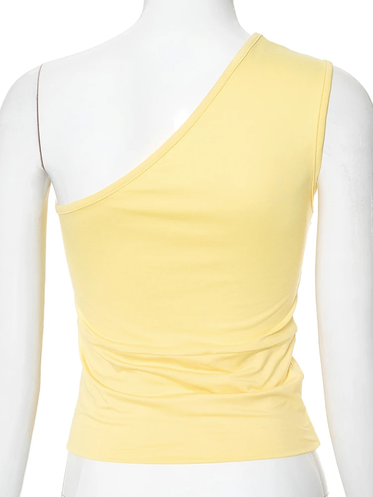 Incline Shoulder Vests Women Solid Concise Summer Stacked Ruched Slim Crop Tanks Female Basic Street Holiday Wild Tops