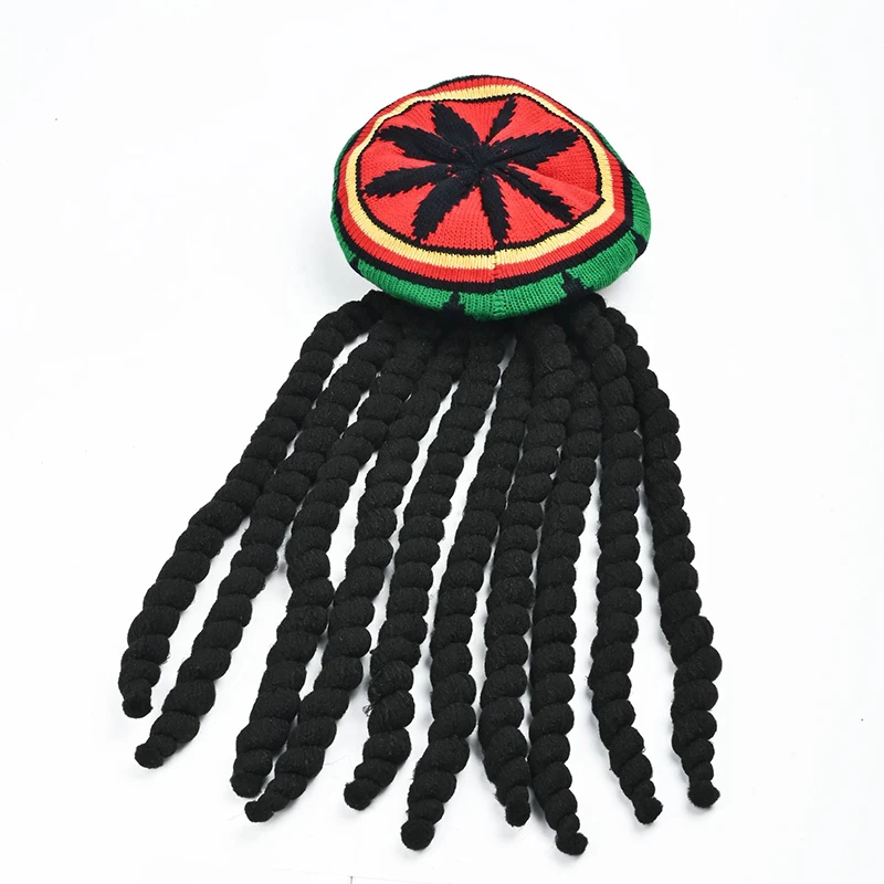 Jamaican Style Woven Knitted Wigs Beret Hat Black Dreadlocks Wig Rasta Wig Crocheted Knitted Beret Cap Reggae Wig Hat for Party 4
