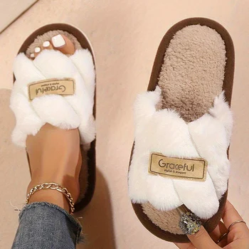 Women's Plush Fuzzy Slippers Home Fur Open-Toe Slides Autumn Winter Indoor Silent Comfort EVA Soft-Soled Bedroom Warm Flip Flops 1