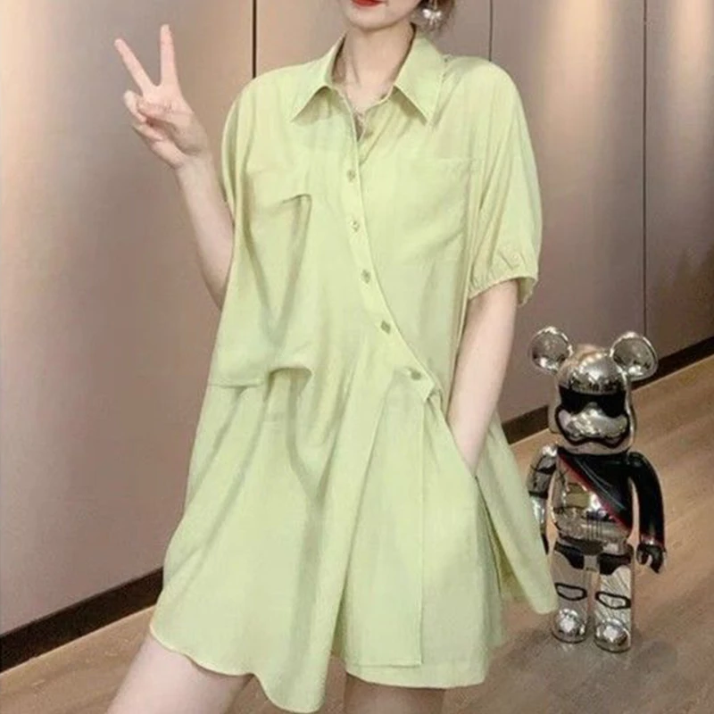 Fashion Summer Maternity Clothes Set Solid Color Irregular Short Sleeve Button Fly Pregnant Woman Shirts+belly Shorts Two Piece