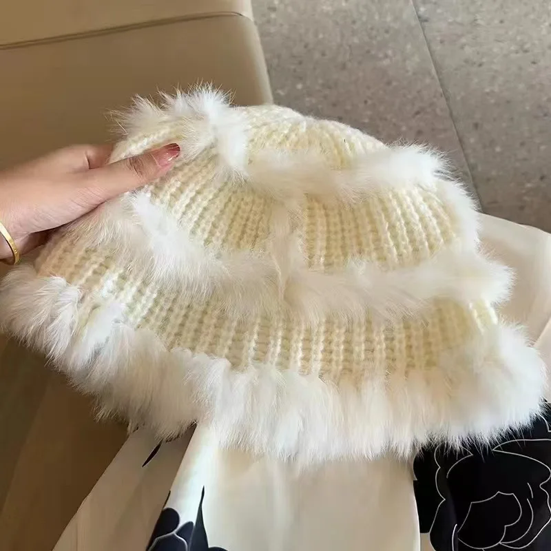 2024 New Rabbit Hair Bucket Hat Warm Fishing Caps Faux Fur Bucket Hat Men Women Winter Tide Top Hats Big Head Suitable Beanies