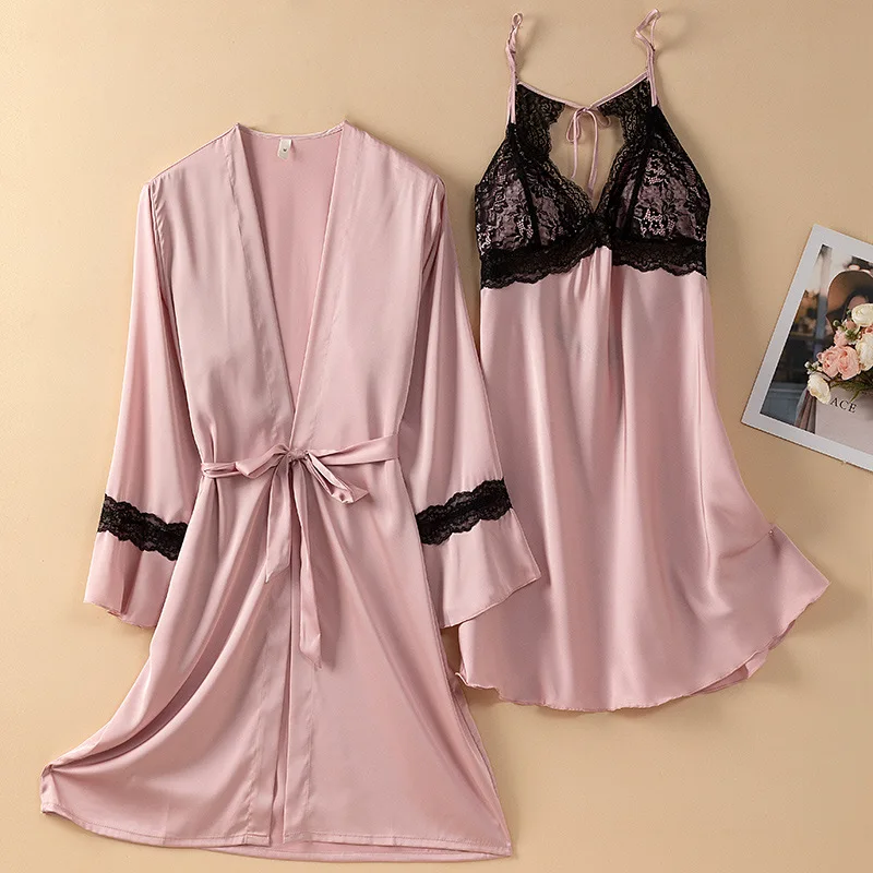 

Lace Hollow Out Bathrobe Gown Set Bridal Kimono Robe Suit Women Satin Sleepwear Nightgown Summer V-Neck Nightwear Loungewear