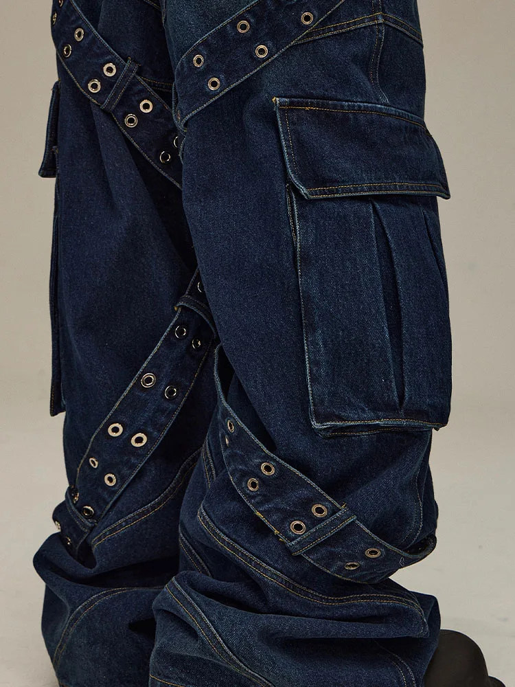 【eluva】Splicing Cargo Denim Pants Men Heavy Duty Design Pleated Splicing Cargo Jeans Metal