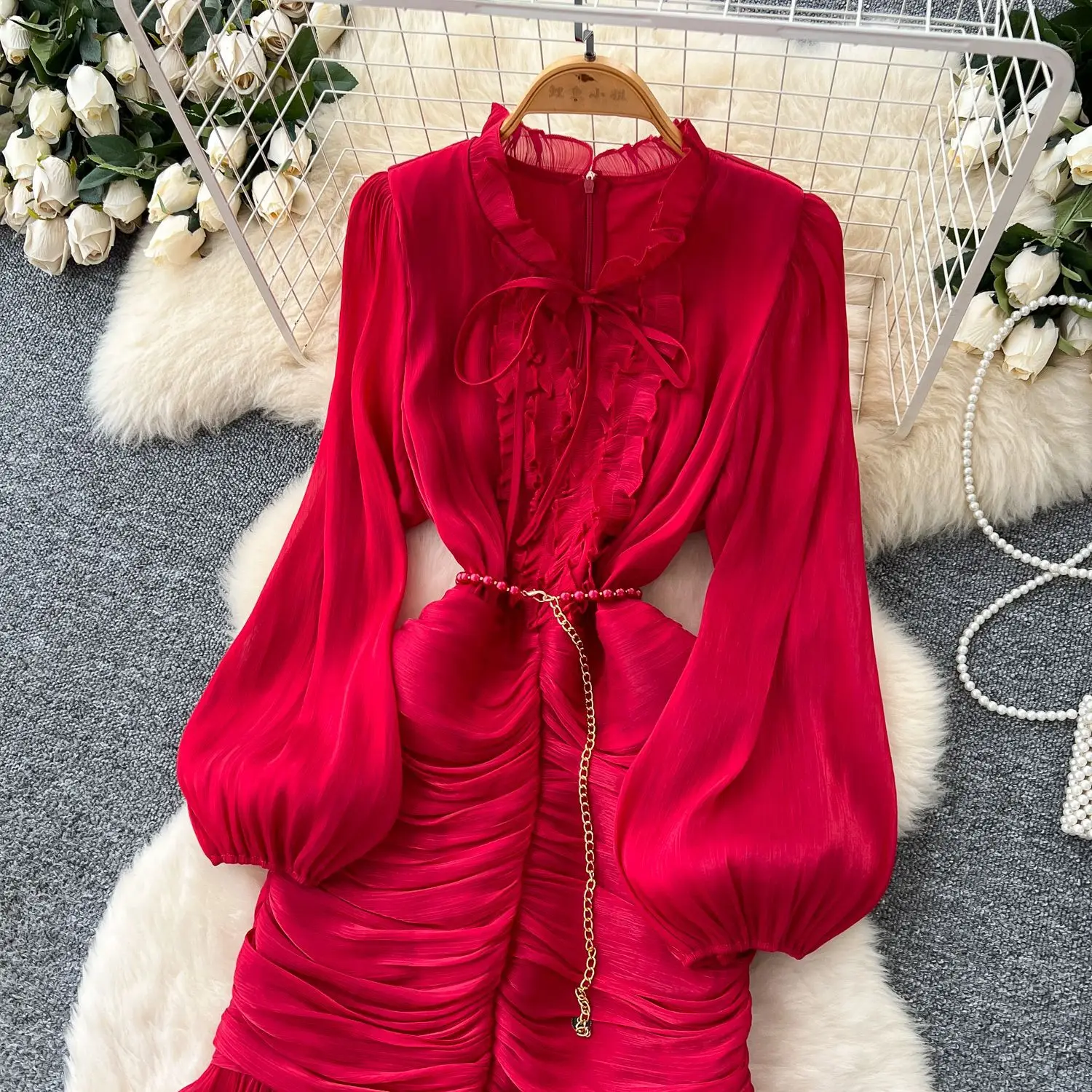 Spliced Lace Dresses Lantern Sleeve Ankle Length Dress Women Solid Party Dress Sexy Wrap Buttocks 2025 Autumn High Waist