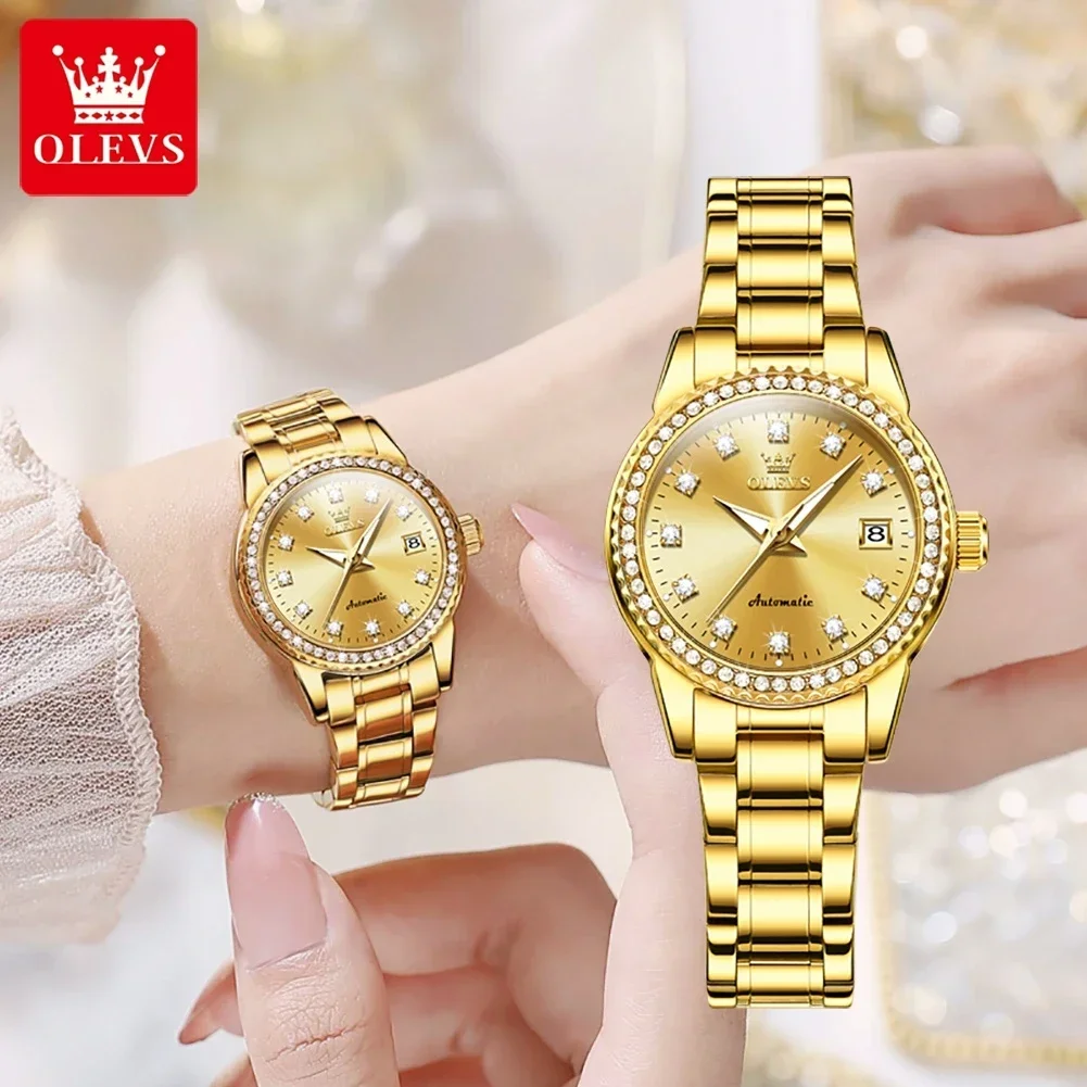 OLEVS Automatic Mechanical Watch for Women Diamond Calendar Dial Stainless Steel Waterproof Luminous Elegant Women's Wristwatch 3