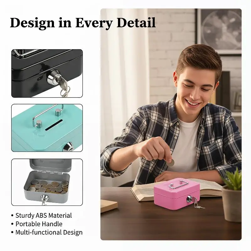 Compact & Portable Piggy Bank with Secure Lock and Key Holder