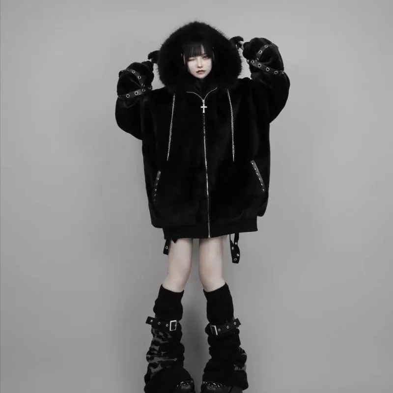 Harajuku Gothic Punk Dark Academia Clothes Fur Patchwork Hoodie Sweatshirts 2026 Autumn Winter New Cardigan Coat Women
