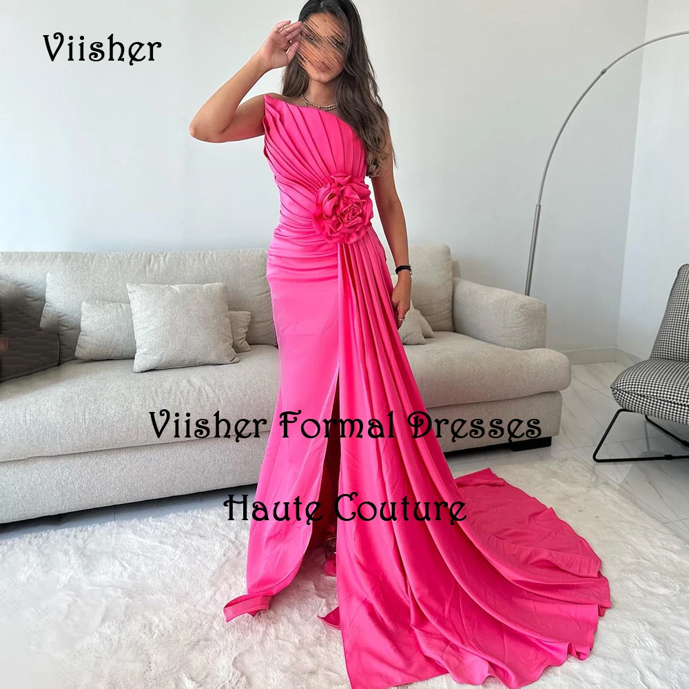 

Pink Mermaid Evening Dresses for Women Pleats Strapless Arabian Dubai Prom Party Dress with Slit Train Long Celebrate Event Gown