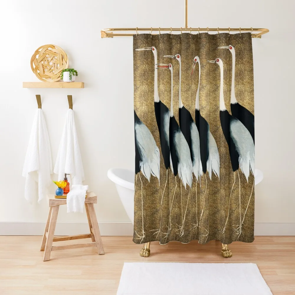 

Traditional portrait of Japanese Cranes | Golden Background Shower Curtain Bathroom Curtain Box Curtain Bathroom