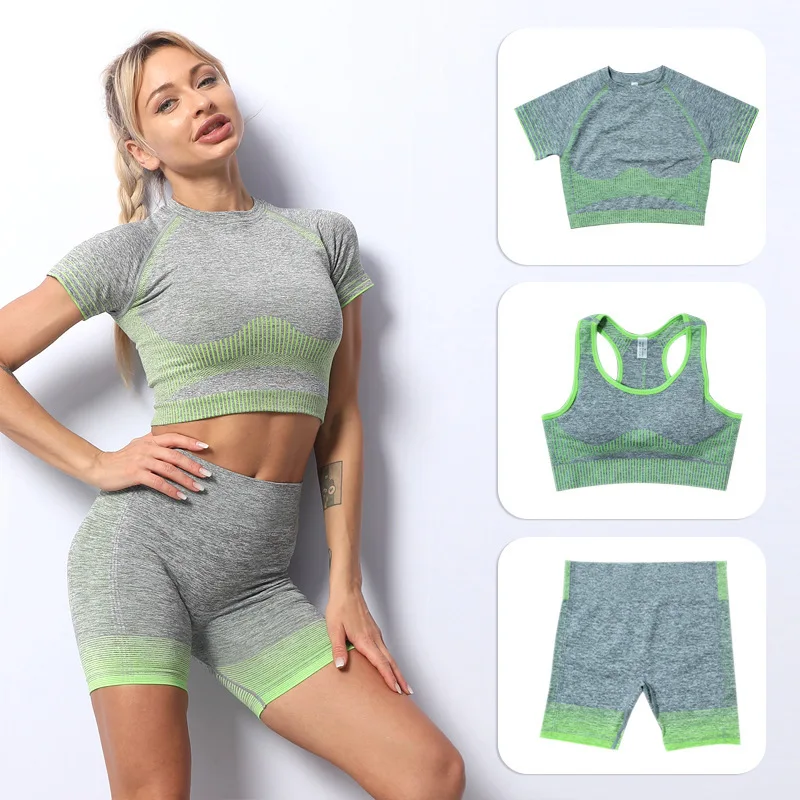 3pcs Seamless Knitted Women's Yoga Fitness Suit Striped Overall Cup Bra