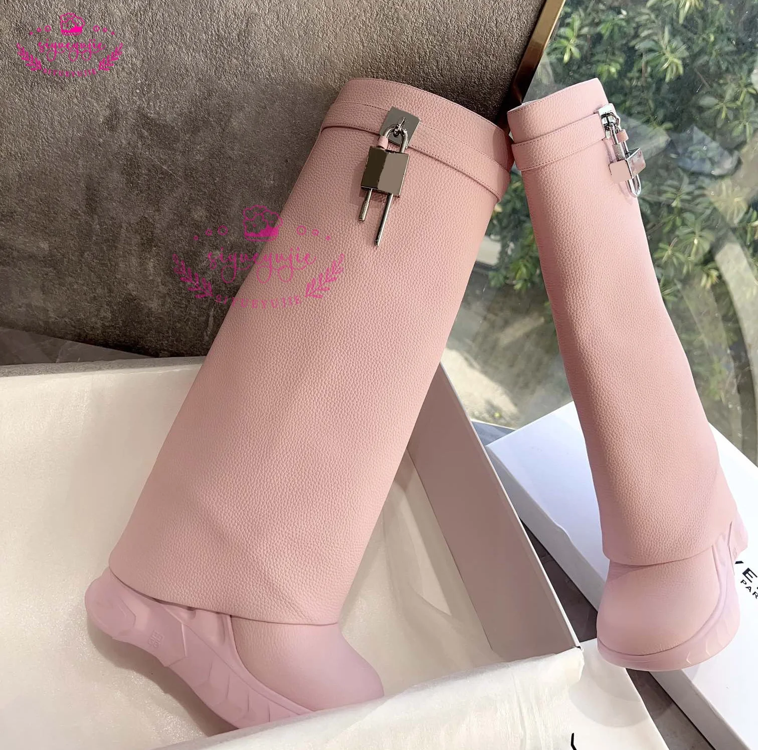 Lock Decor Denim Shark Boots Fashion Thick Bottom Zip Knee High Boots Wedges High Heels Long Boots Women Shoes Plus Size 44