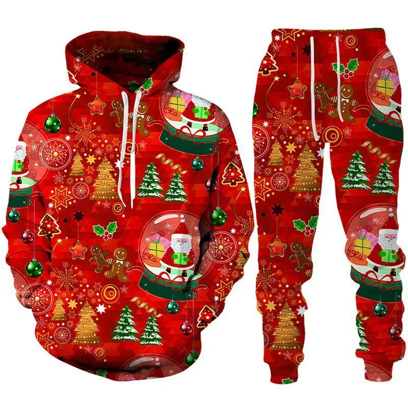 Autumn Christmas Mens 3D Printed Hoodie Pant Sets