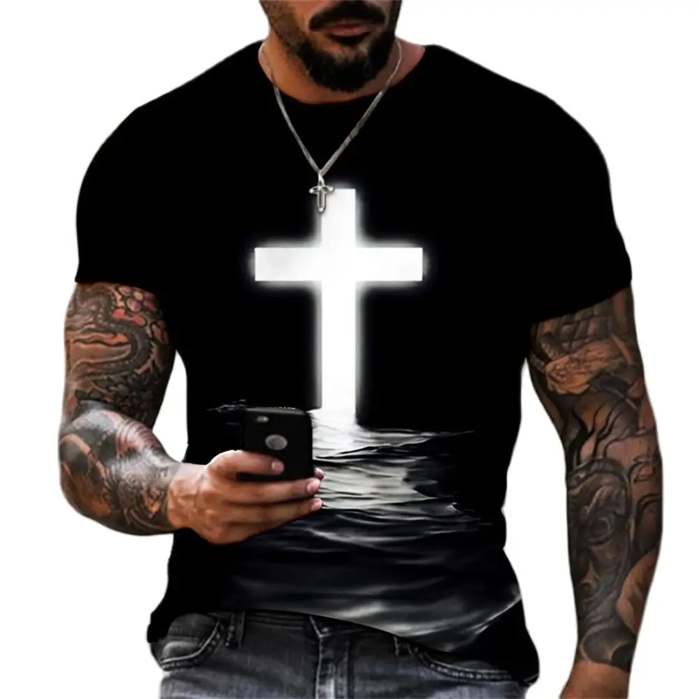 

Summer Jesus Christ T-shirt Men's 3d God Religious Print Cross Men's T-shirt Loose Fashion Crewneck Short Sleeve Jesus Top