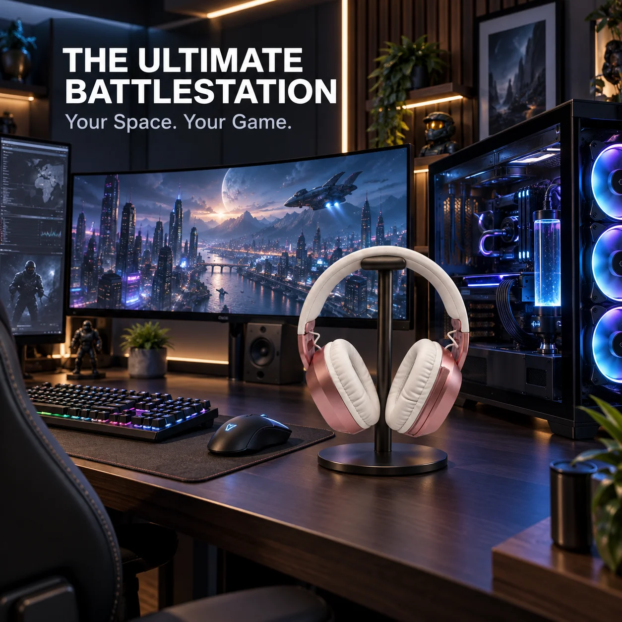 Enhanced Gaming Headset with RGB Lighting, Microphone, and Soft Ear Cushions in Rose Gold