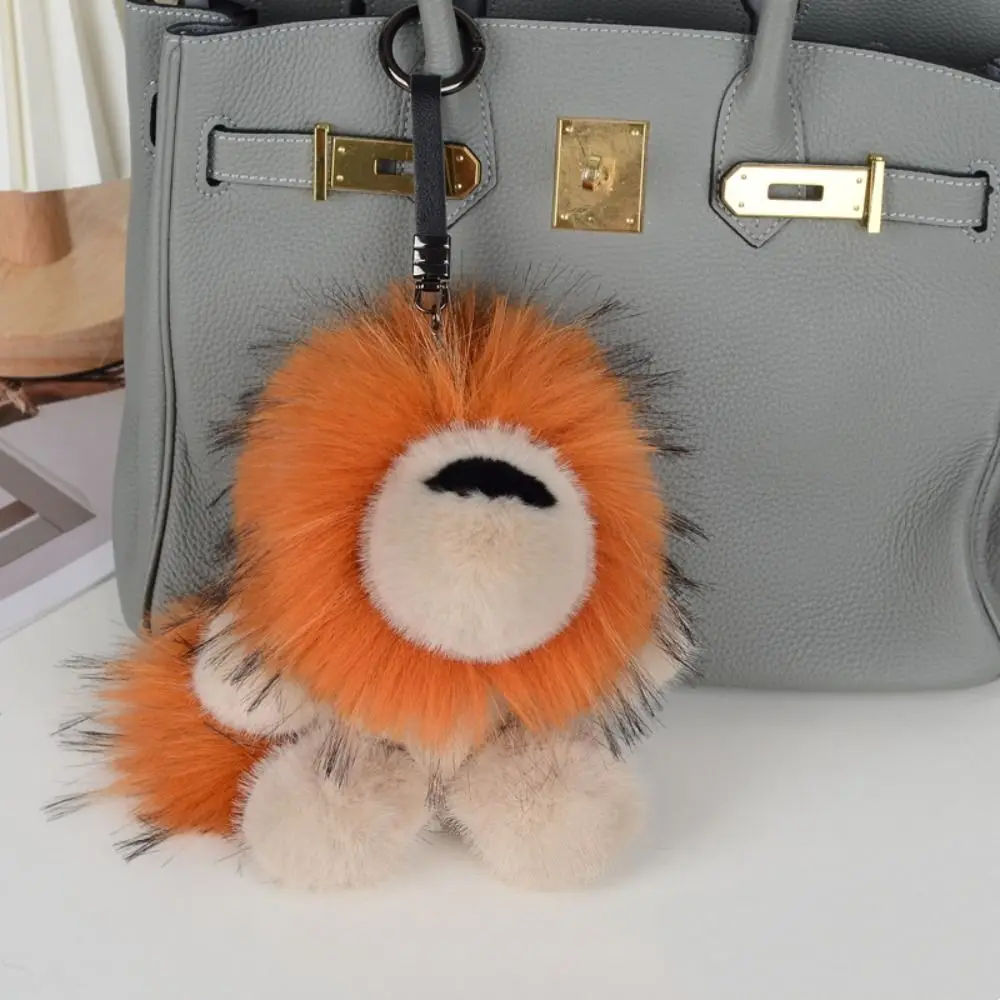 Long Mane Lion Plush Pendant with Tail Stuffed Plush Lion Keychain Bag Decor Simulation Rabbit Fur Cute Animal Keychain