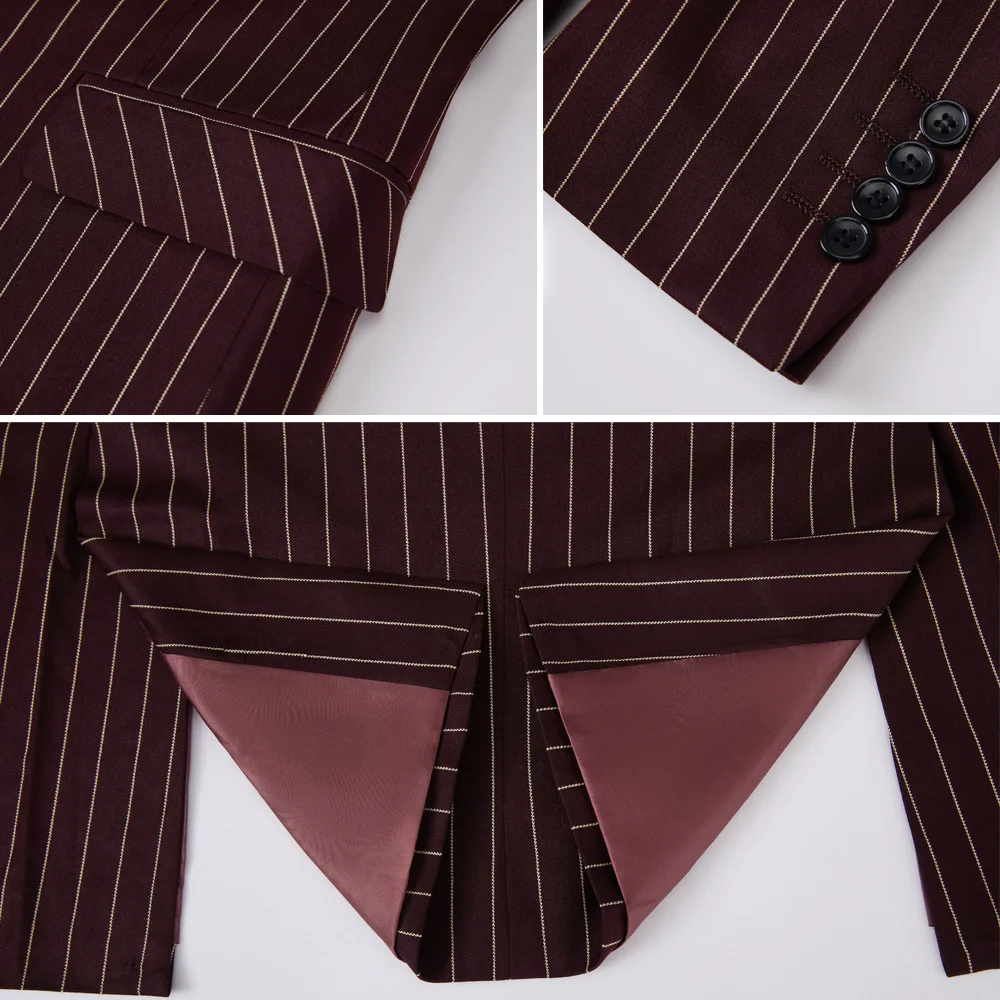 Elegant Business Stripe Men Suit Double Breasted Black Burgundy Wedding Dress Banquet New Fashion Male Blazer Pants 2 Pieces Set