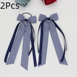 Plaid Ribbon Bow Hair Ties - British Preppy Style Hair Accessories - Size fits all (Navy Blue)