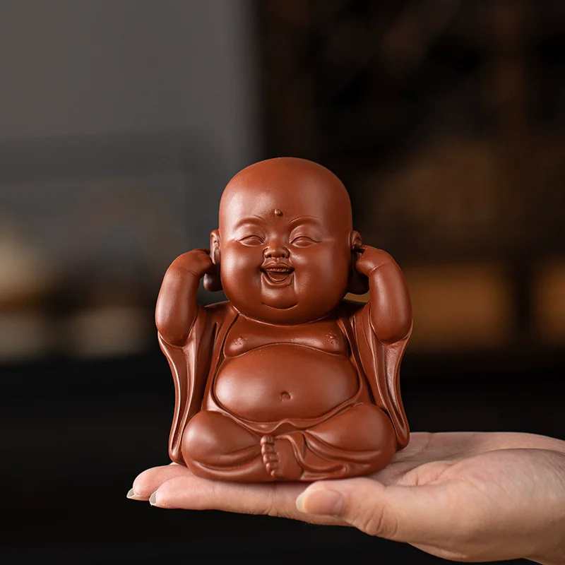 Ceramic Laughing Buddha Statue for Wealth, Three No Evil Maitreya Figurine, Zen Desk Decor for Home Office Entryway Tea Table