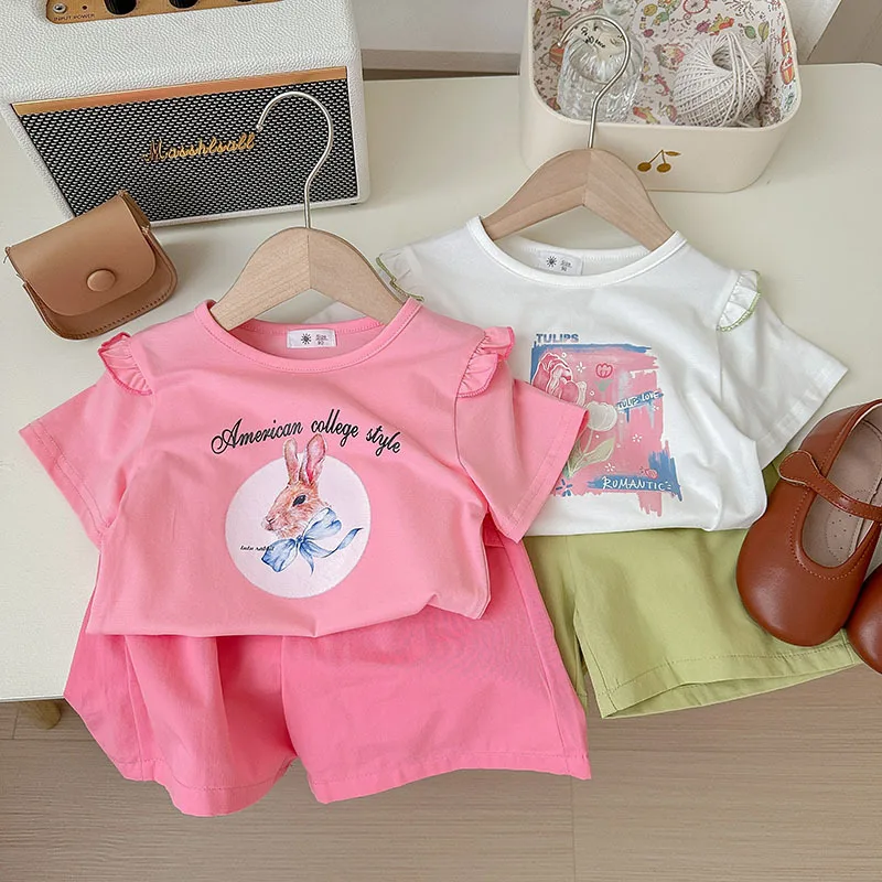 

Summer 2024 Little Girl 2PCS Clothes Set Cotton Short Sleeve Tulip Rabbit Print Top Solid Elastic Waist Shorts Baby Girl Outfits