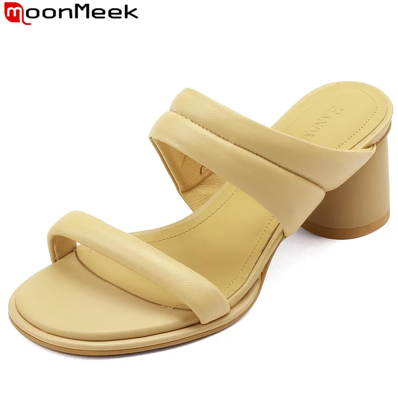 

MoonMeek 2022 New Arrive Sheepskin Modern Slippers Woman Round High Heels Shoes Solid Ladies Outside Slippers