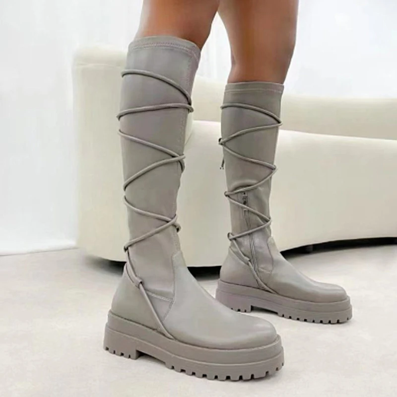 Platform Shoes Women's Cross Lace Up Boots Women's Leather Zapatos De Mujer New Botas Mujer Knee Women's Shoes Solid Platform