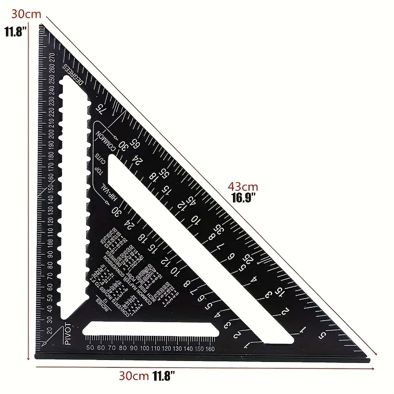 12 אינץ '30 סנטימטר מתכת אלומיניום משולש סרגל פרוטרקטור כלי מדידה לעץ כלי מדידה ריבועי מתאים