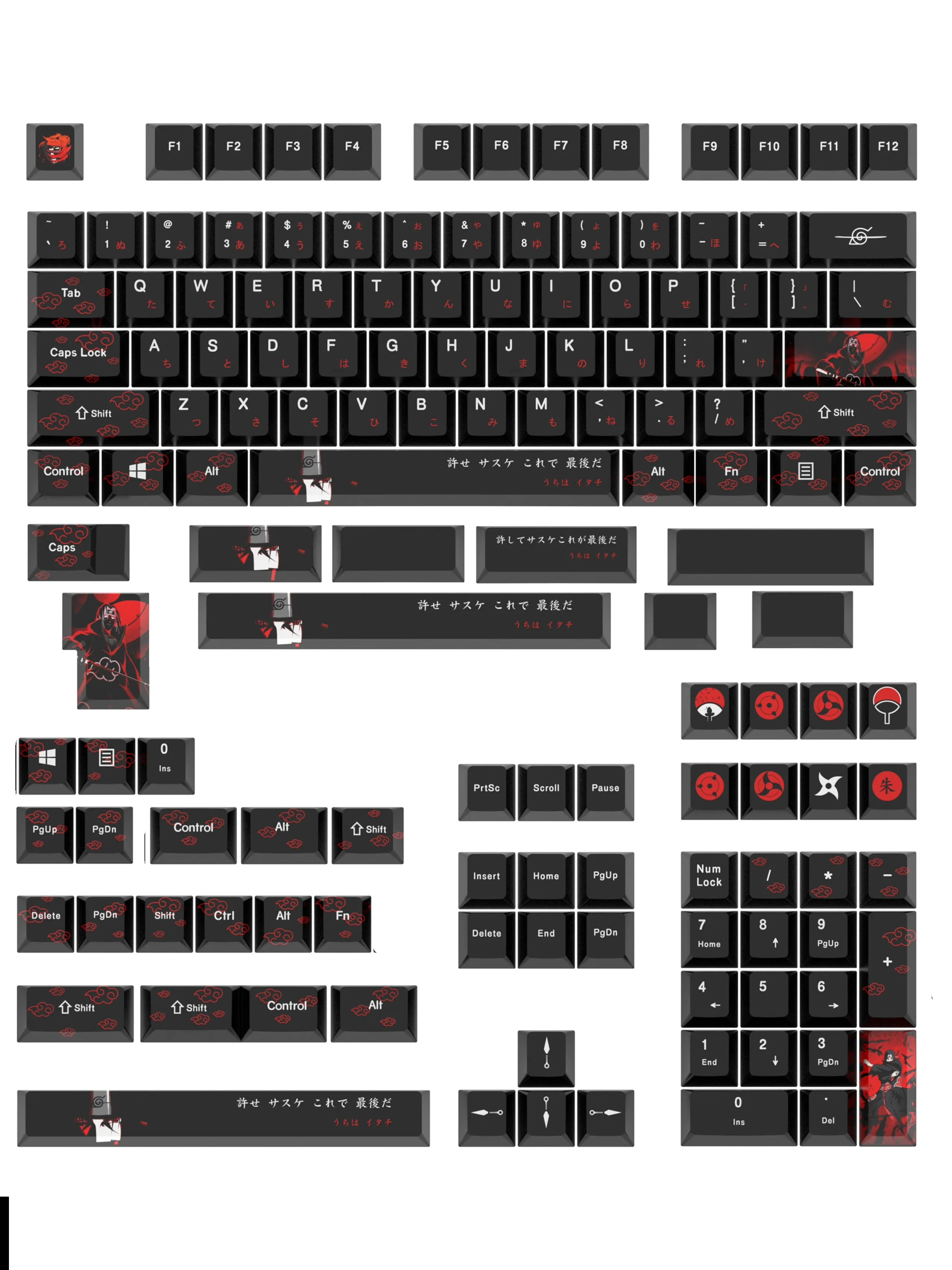 Japonês Anime Cartoon Keycaps Pbt Dye Sublimation Uchiha Itachi Key Caps Perfil de Cereja à Prova de Luz Preto Vermelho Conjunto - Imagem 4
