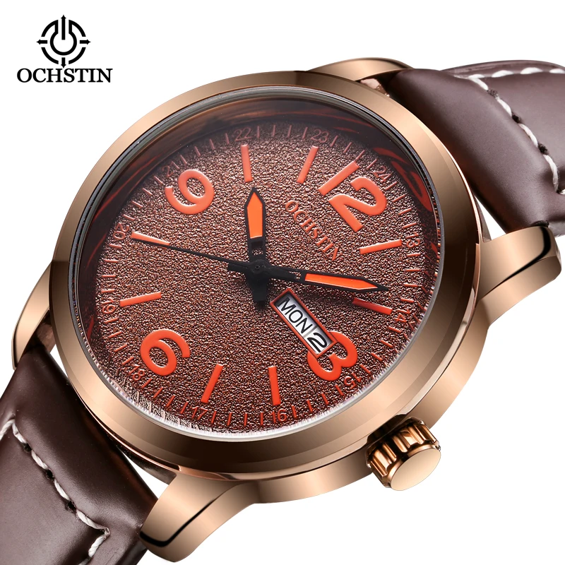 OCHSTIN Commander Series Quartz Watch Multi-functional HD Luminous Leather Strap Multicolor Cacual Quartz Clock ochstin prominente series multi functional quartz watch commuter leisure 30 meters life waterproof gold shell mens quartz clock