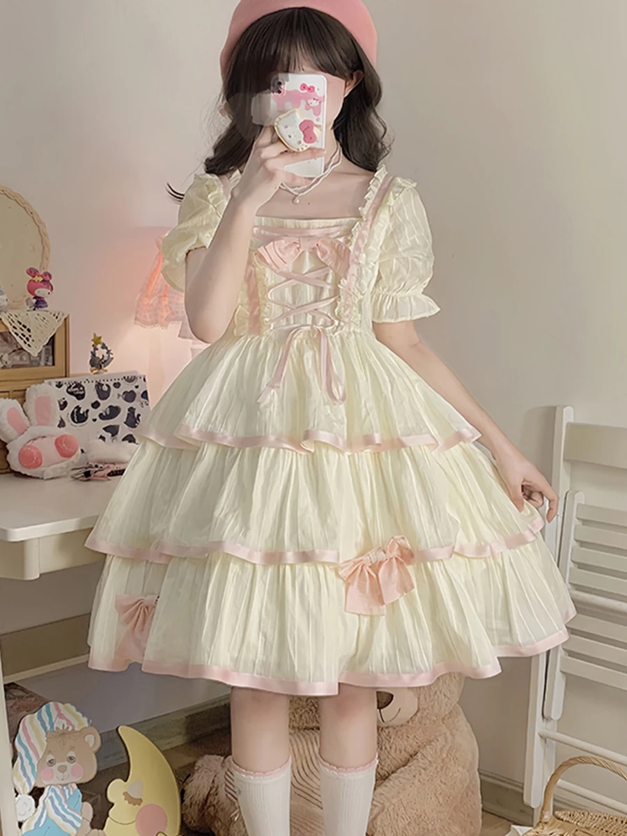Flower Bridesmaid Slim Lolita Dress Japanese Princess Lolita Sweet High Waist Bow Short Sleeve Loli Tea Party Dress L-4xl