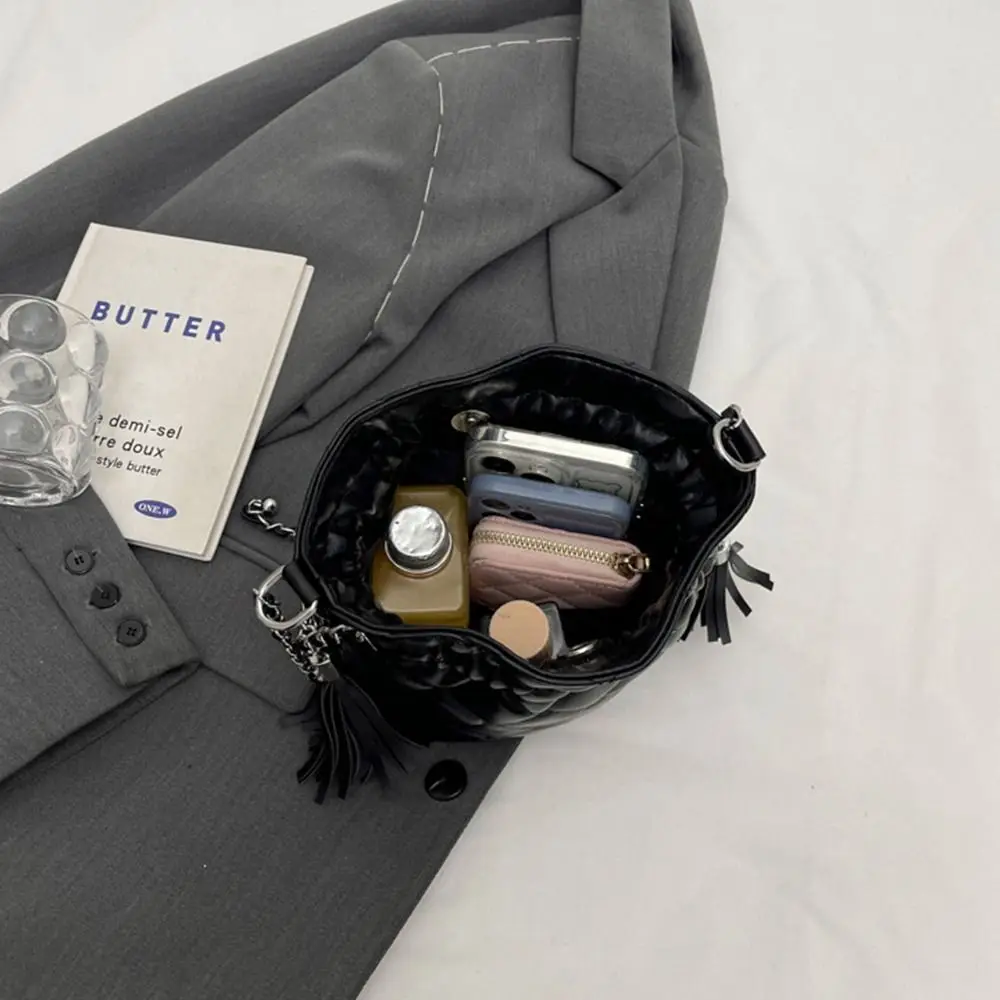 Pu Leather Rhombic Lattice Chain Shoulder Bag Check Tassel Crossbody Bag Underarm Bag Messenger Bag Drawstring Bucket Bag