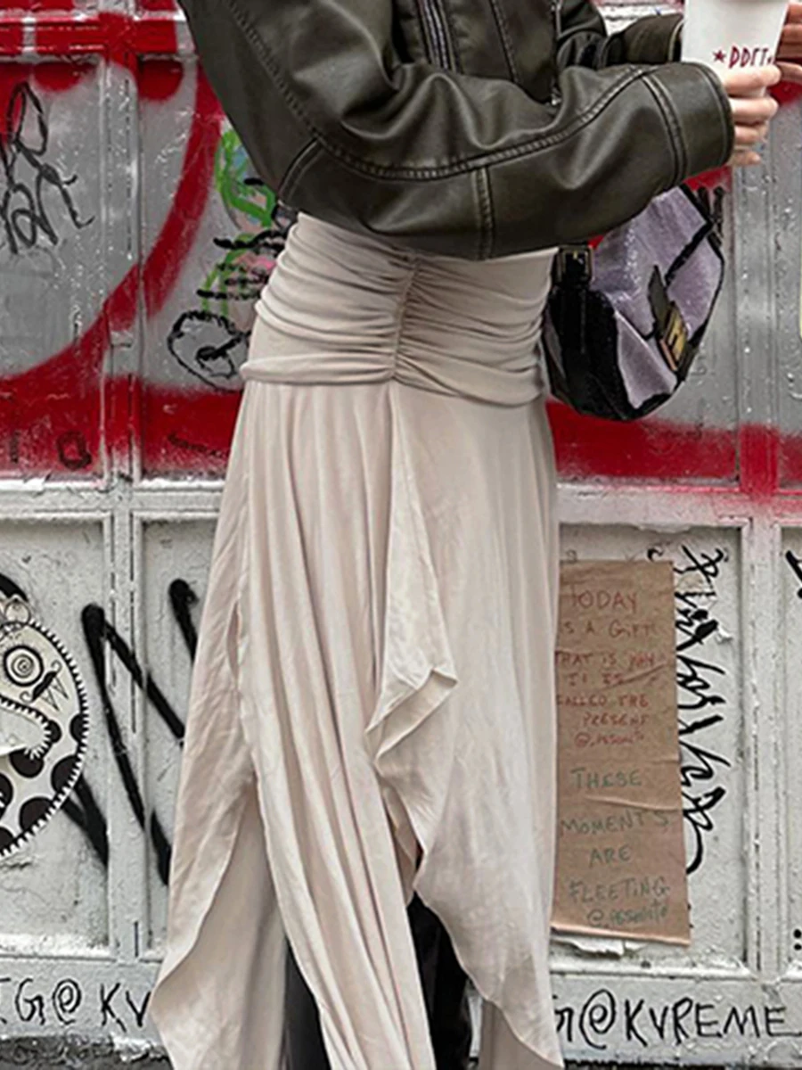 

Fashion Women's Solid Color Midi Skirts Ruched High Slit Irregular Skirts Spring Summer Fashion Casual Skirts Streetwear Y2k