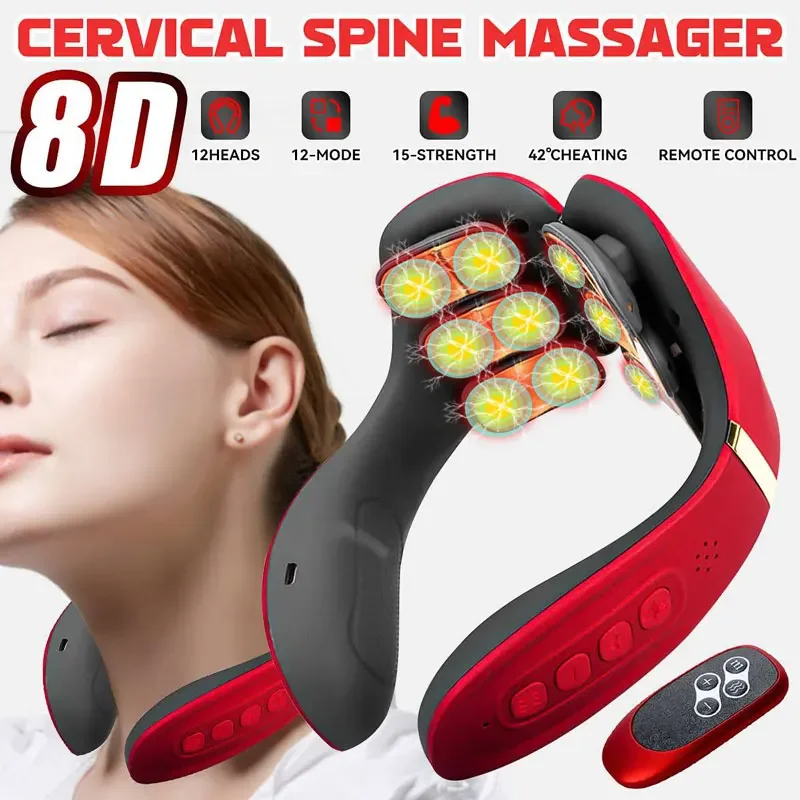 

12 Heads Neck Massager 15 Gears Electric Cervical Massage Pulse Magnetic Therapy Hot Compress Neck Protector WIth Remote Control