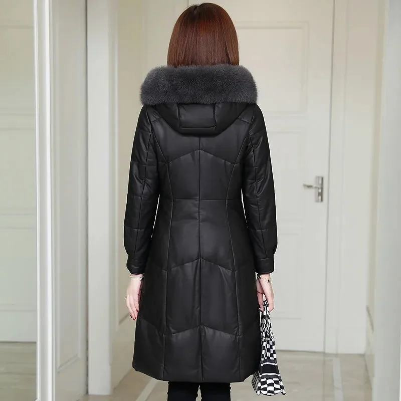 2024  Autumn Winter Leather Cotton-padded Jacket Women Long Coat Faux Fox Fur Collar Thicken PU Parkas Female Slim Hooded Coats