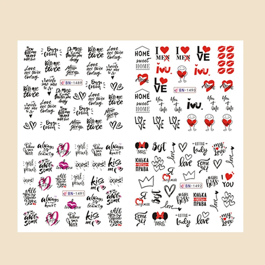 12개 발렌타인데이 네일 아트 워터 트랜스퍼 스티커 - 3D 러브 하트 달콤하고 귀여운 곰 영어 레터링 워터 트랜스퍼 데칼
