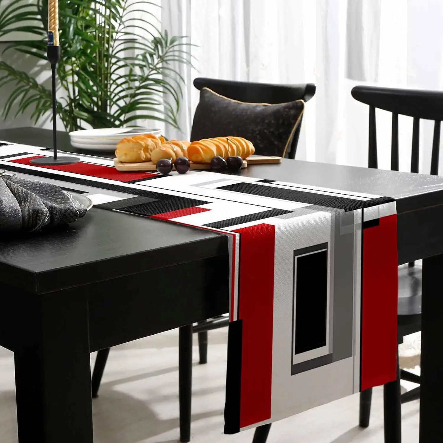 Red Black Boho Color Block Linen Table Runner Holiday Party Decor Geometric Abstract Table Runners Kitchen Dining Table Decor 3