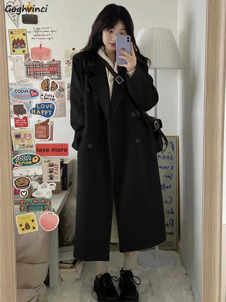 

Blends Coat for Women Korean Preppy Style Solid All-match Ins Chic Long Young College Girls Thick Casual Minimalist Lady Winter