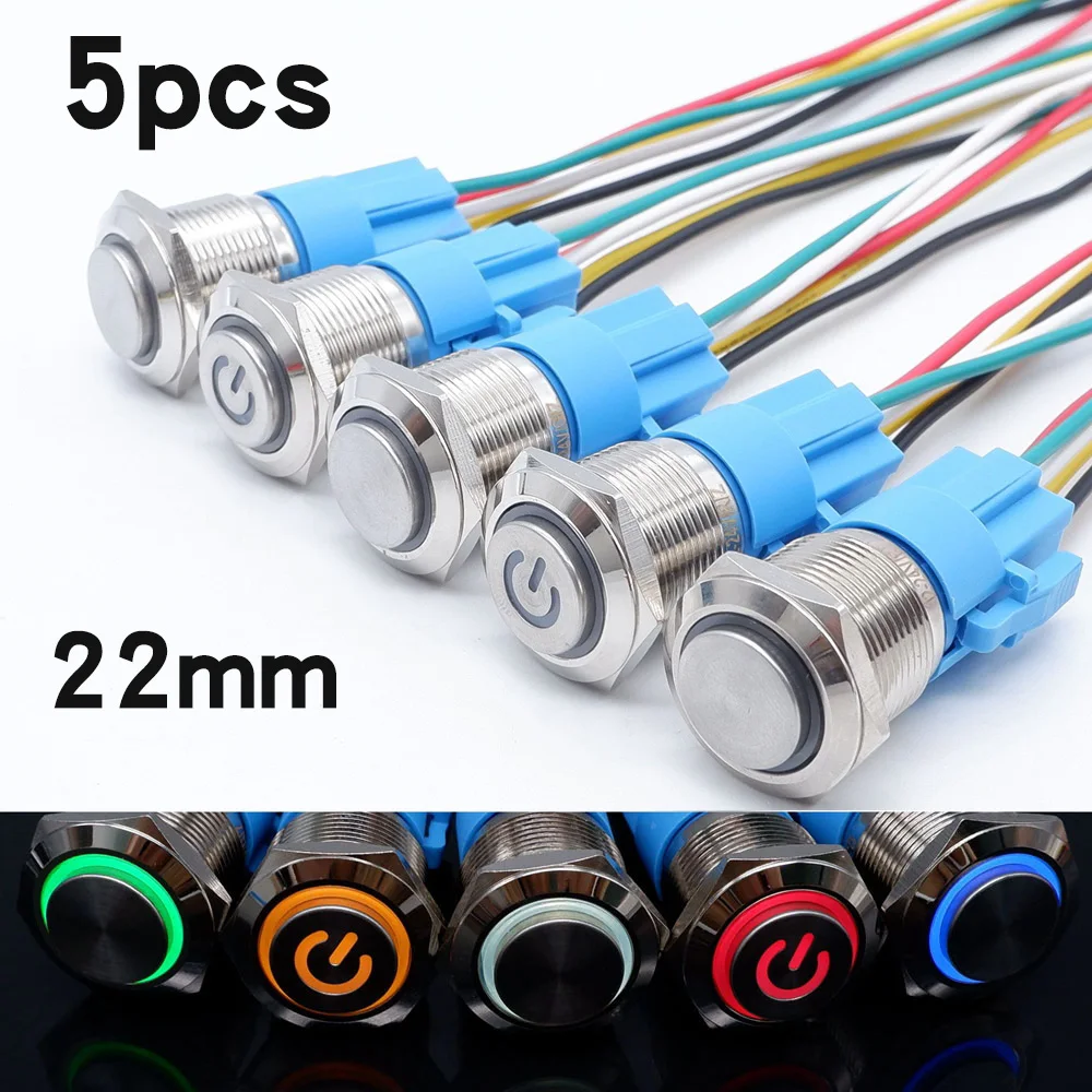 

22mm High Head Metal Button Switch LED Light Water Proof Button Automatic Reset Self-locking Power Symbol Button 5V 12V 24V 220V
