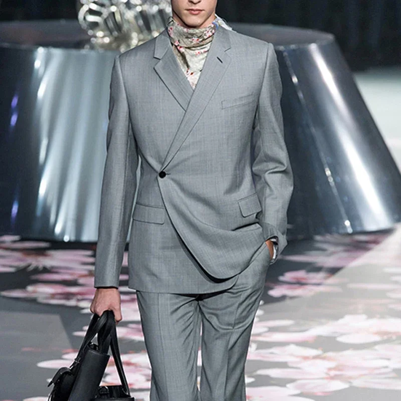 

Grey Men Suits One Button Blazer Casual Two Piece Jacket Pants Regular Outfits Elegant Suits Business Trouser Solid Color Custom