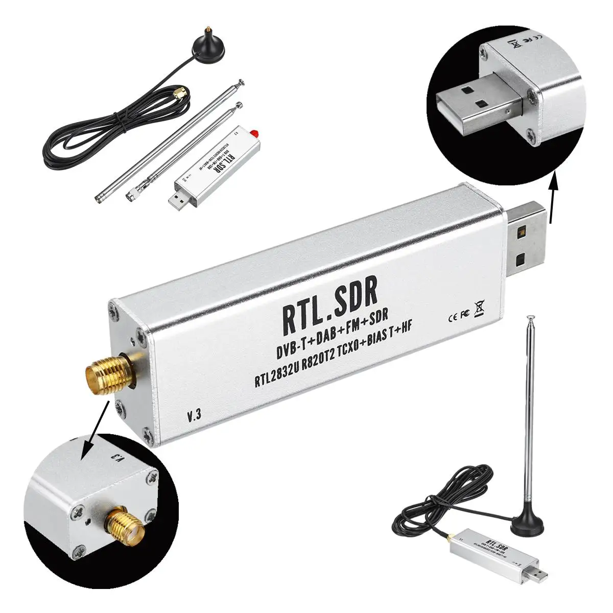 With Antenna 0.1MHz-1.7GHz TCXO Compensated High Stability Full Band Software Receiver Aviation Band ADSB RTL2832U + R820T2