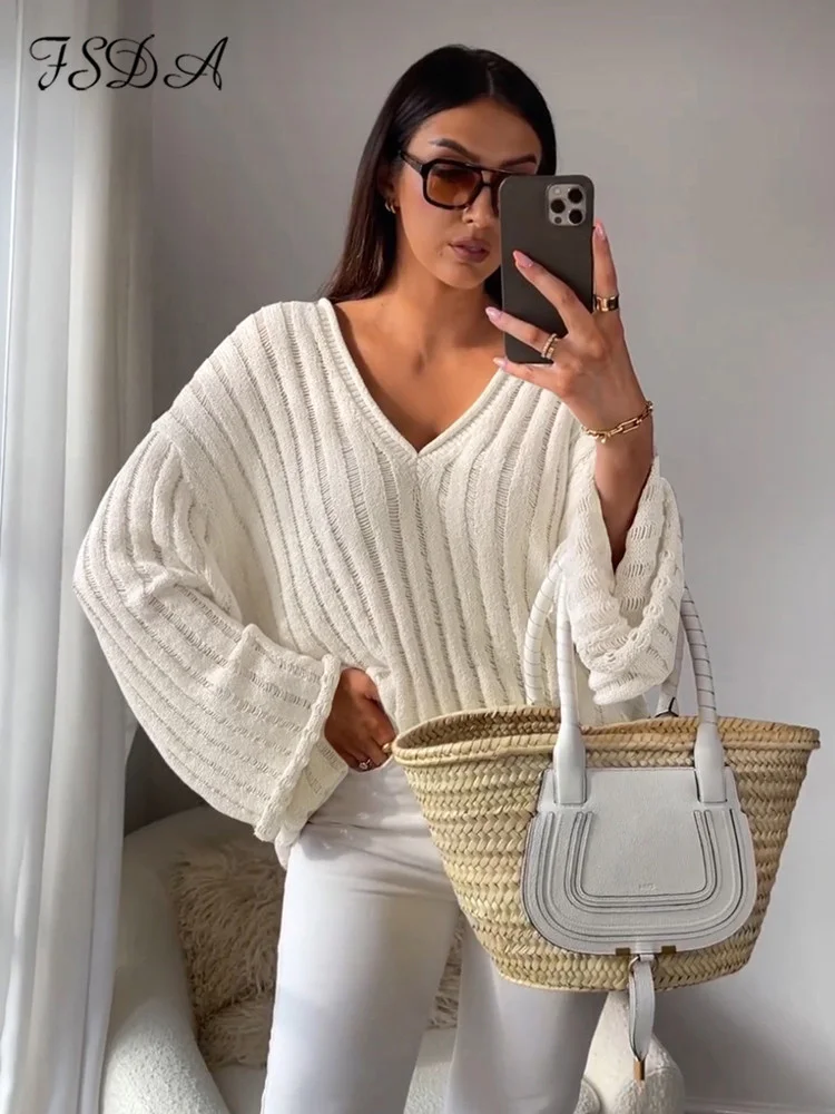 

V Neck Oversized Sweater Women Long Sleeve Autumn Winter 2022 Green Casual Pullover Loose Knitted Jumper Tops