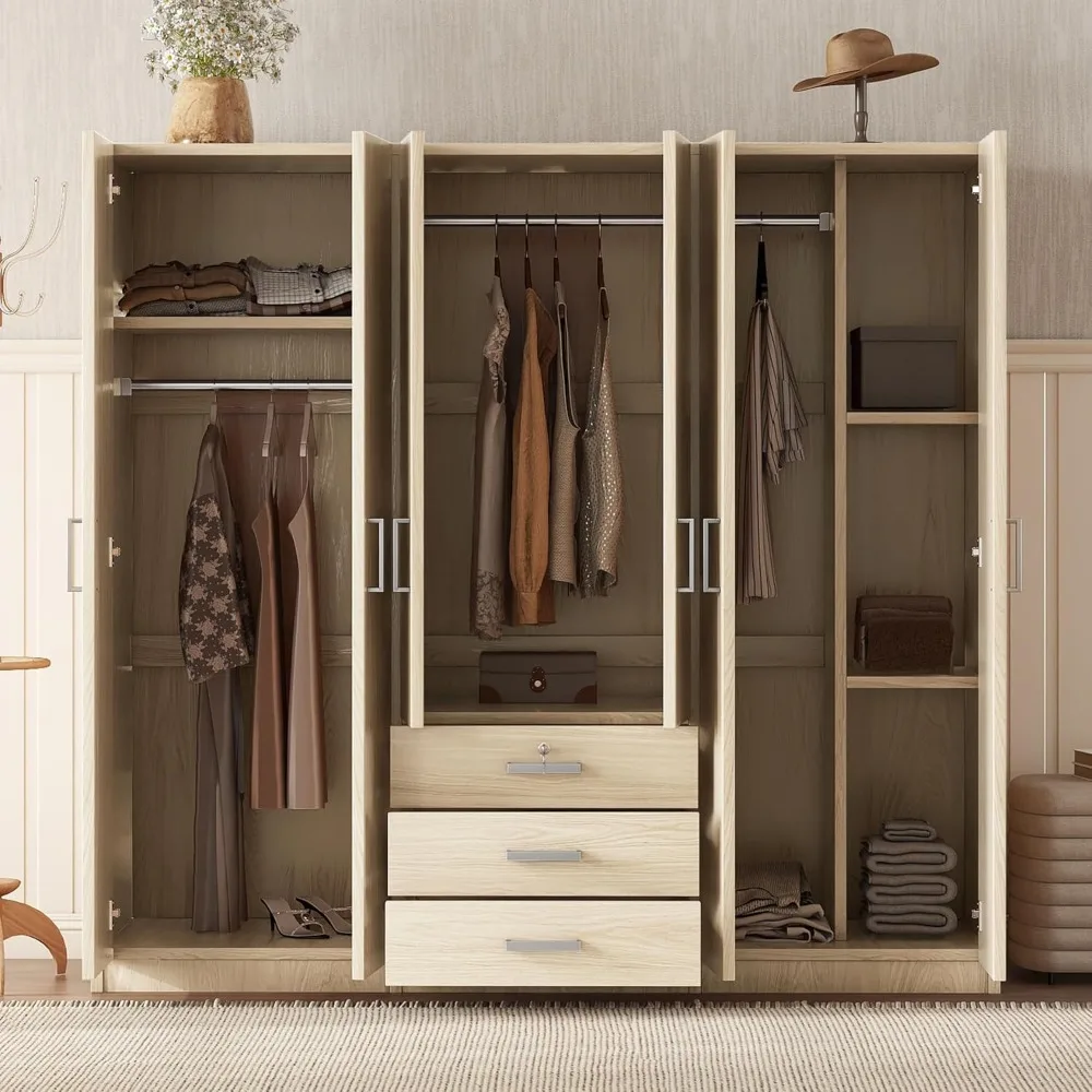 Large Wardrobe Closet 6 Doors, 70.9" W Wooden Wardrobe Cabinet with Big Drawers, Bedroom Armoire Dresser Wardrobe Clothes Organi 3