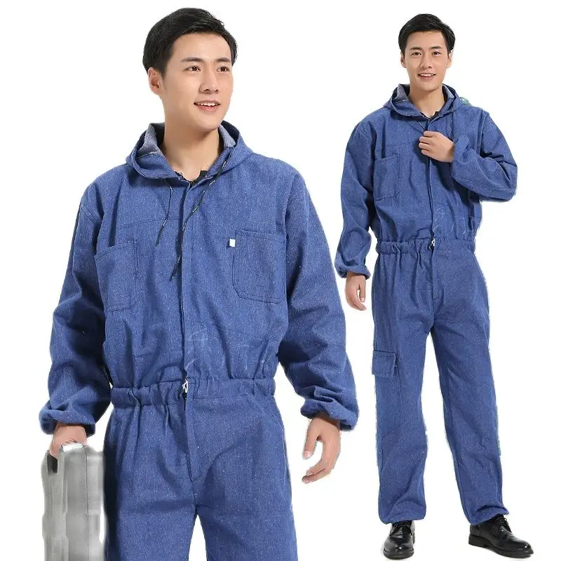 MensWashedDenimHoodedOverallsBoilersuitWorkJumpsuitPants