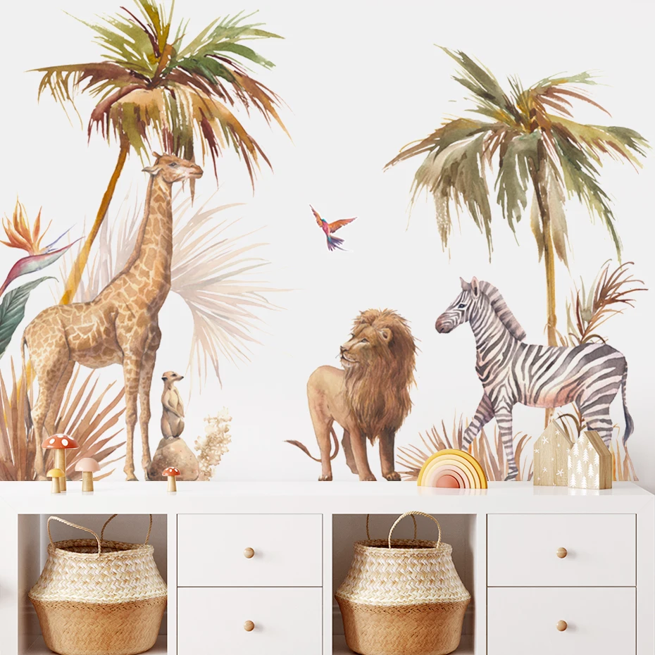 African Lion Giraffe Wild Zebra Animals Tropical Tree Wall Sticker Nursery  Removable Vinyl Wall Decals Kids Room Home Decor - AliExpress, image size:930x930