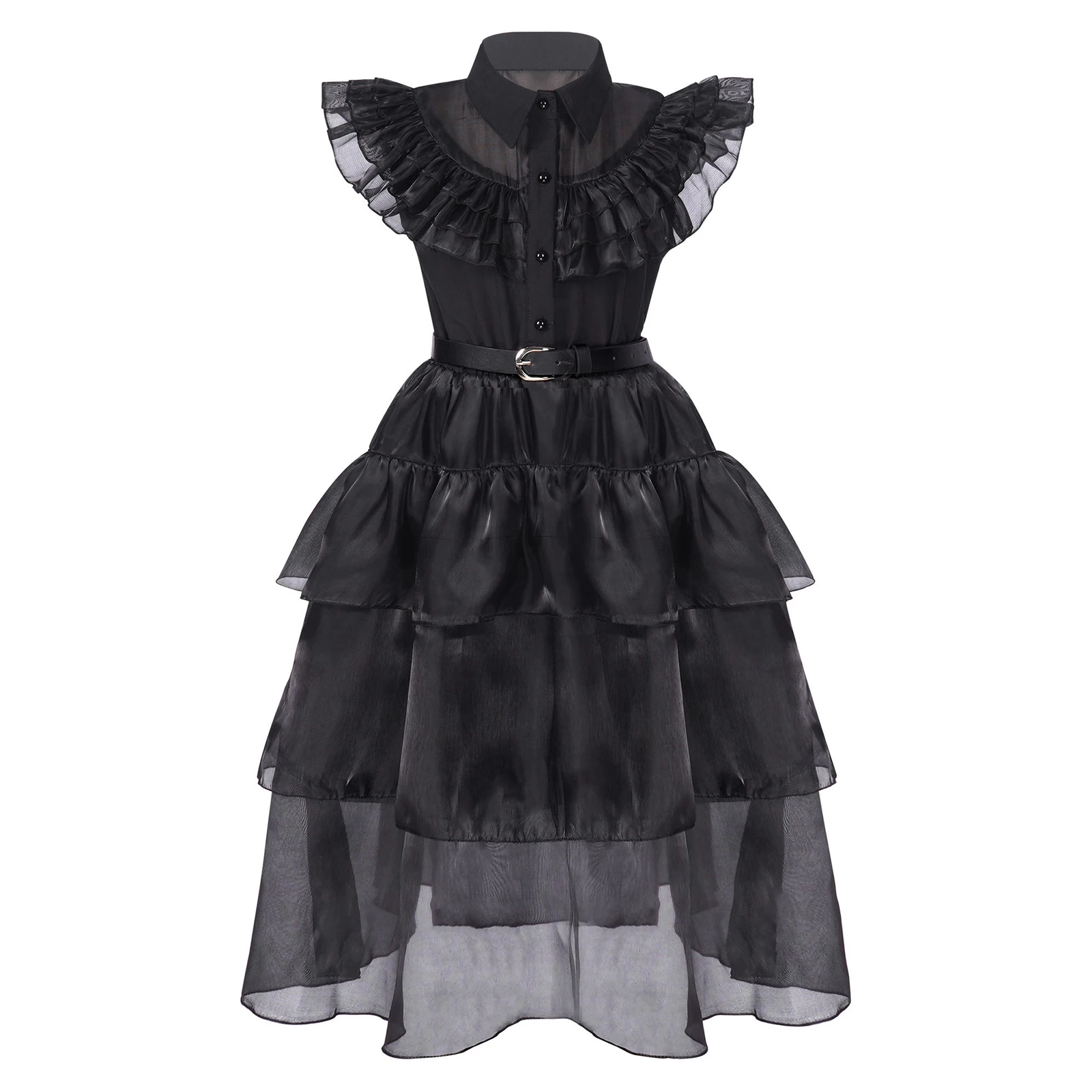 Halloween Witch Cosplay Costumes Kids Girls Vintage Gothic Lapel Collar Sleeveless Flounce Mesh Addams Dress Fancy Party Dress girls princess rapunzel dress kids fancy tangled princess dresses baby summer cosplay party costumes infantil christmas dress