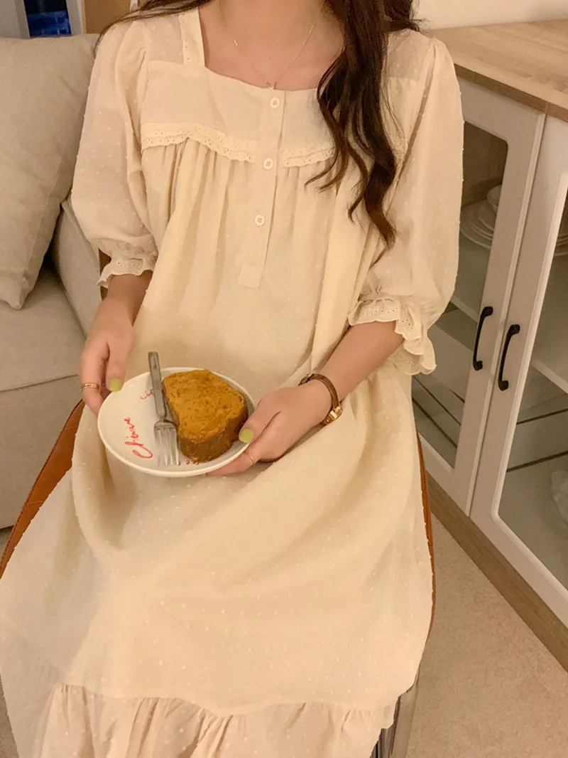 

Women Korean Kawaii Lounge Nightdress Summer Sweet Girls Cotton Lace Short Sleeve Home Nightdress Victorian Princess Sleepwear