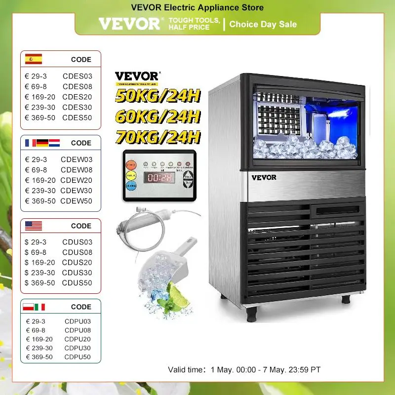 

VEVOR Cube Ice Maker 50/60/70 KG/24H Freestanding Auto Clear Liquid Freezer Ice Generator Machine 110V Home Appliance Commercial