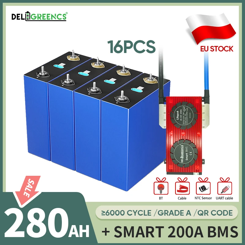 Deligreen 280AH LiFePO4 Battery 12V Smart BMS 8S 24V 200A with BT ...